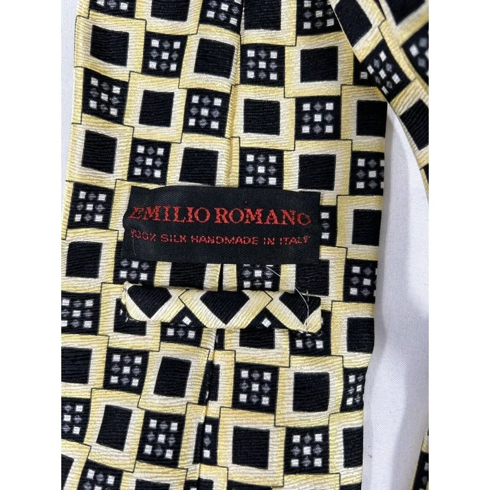 Emilio Romano Yellow Black Geometric Handmade Silk Made In Italy Wide Tie 55x4